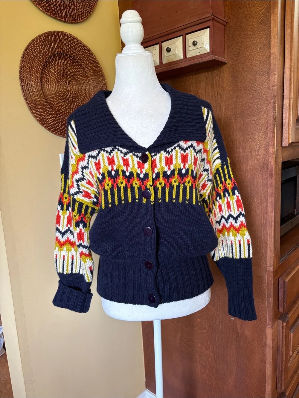 French Connection Navy Wool and Angora Sweater Multicolor Fair Isle Pattern sz M